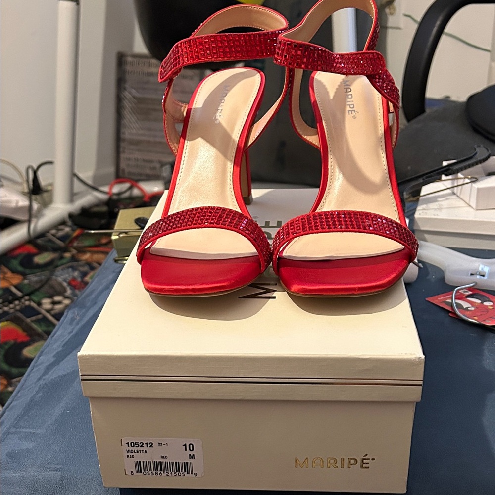 Maripe Red Embellished Strappy Evening Heels